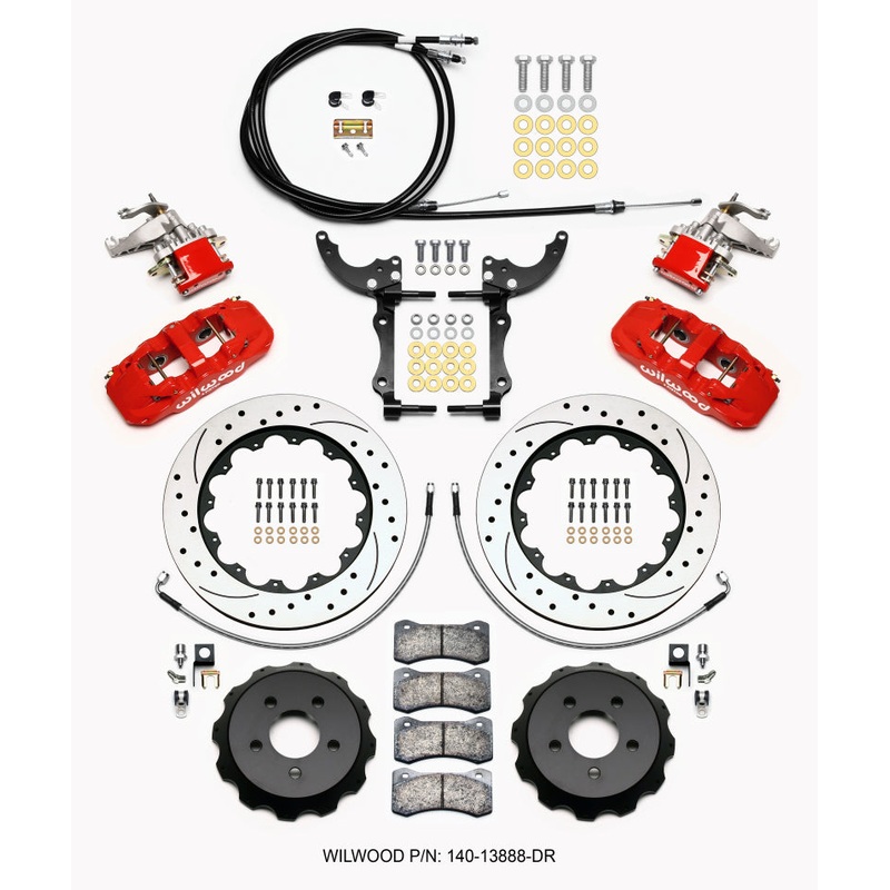 Wilwood AERO4 / MC4 Rear Kit 14.00 Drilled Red 2015-Up Mustang w/Lines & Cables