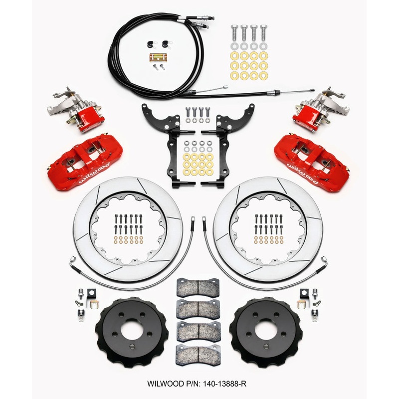Wilwood AERO4 / MC4 Rear Kit 14.00 Red 2015-Up Mustang w/Lines & Cables