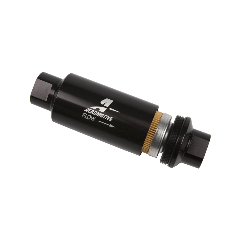 Aeromotive Filter, In-Line, 10-m Fabric Element, ORB-10 Port, Black Hard-Coat, Marine, 2" OD