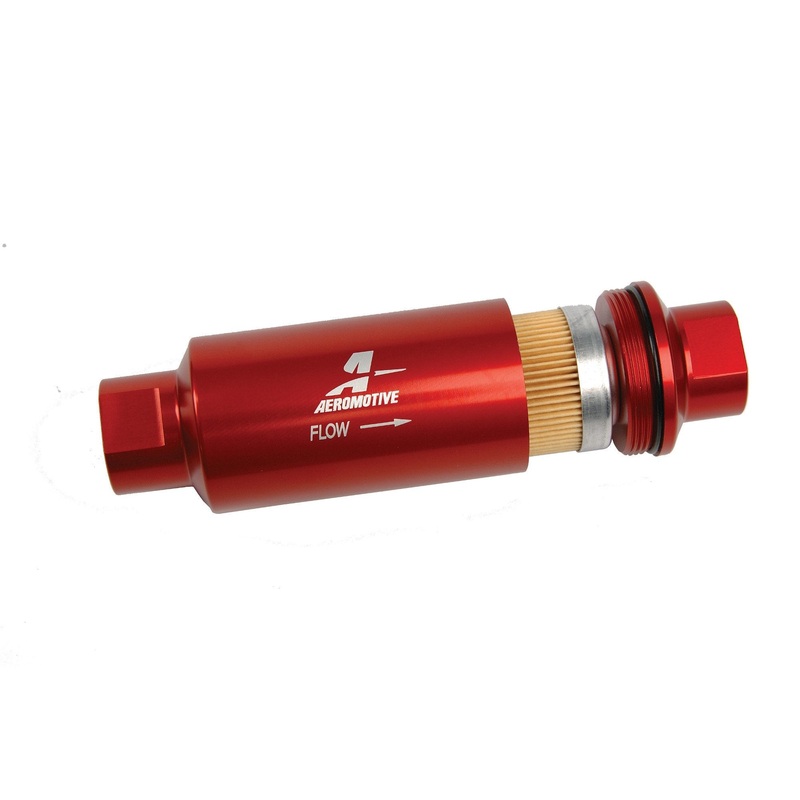 Aeromotive Filter, In-Line, 10-m Fabric Element, ORB-10 Port, Bright-Dip Red, 2" OD