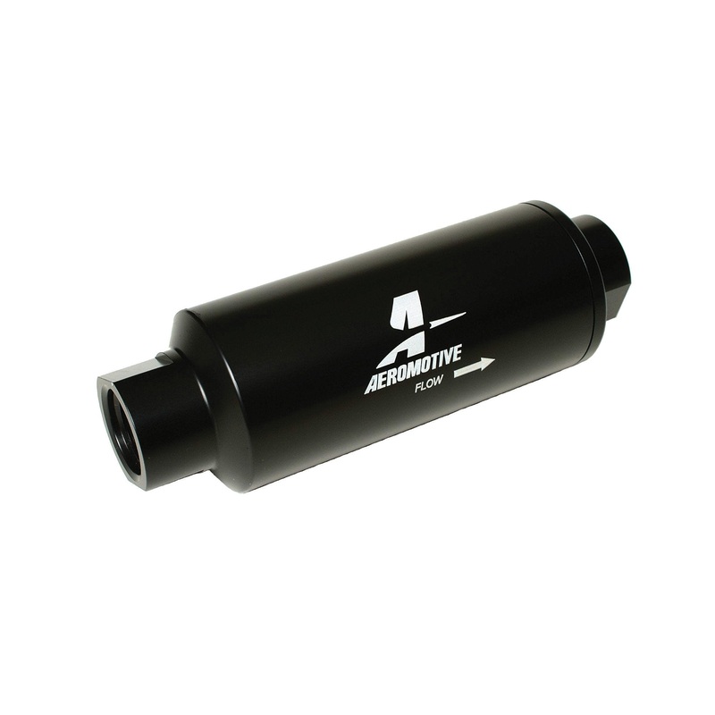 Aeromotive Filter, In-Line, 10-m Fabric Element, ORB-12 Port, Black Hard-Coat, Marine, 2-1/2" OD