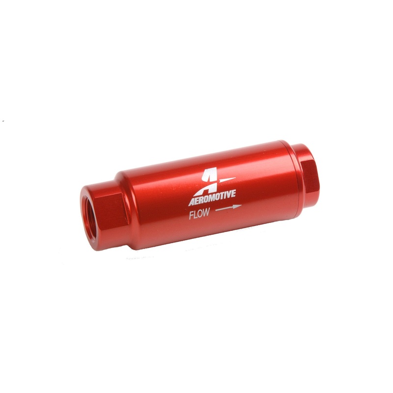 Aeromotive Filter, In-Line, 100-m Stainless Mesh Element, 3/8" NPT Port, Bright-Dip Red, SS Series, 1-1/4" OD