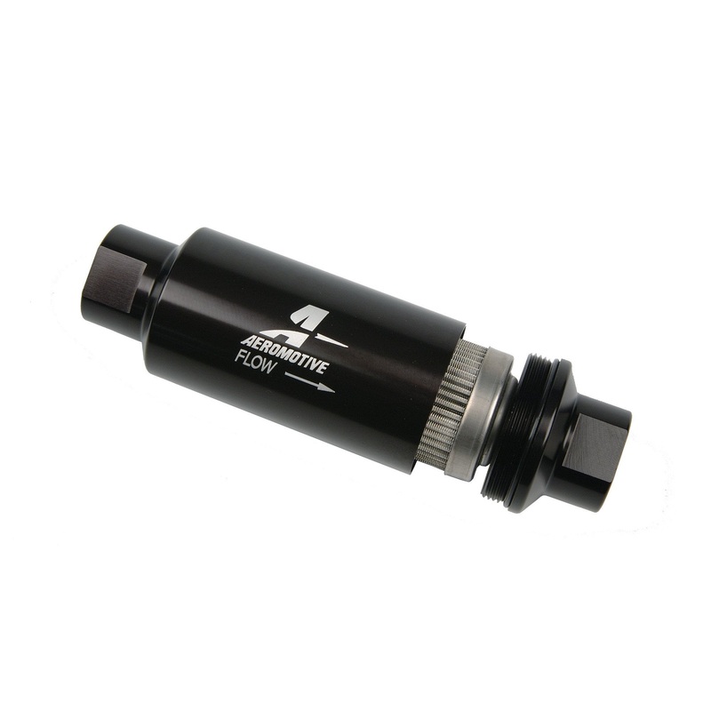 Aeromotive Filter, In-Line, 100-m Stainless Mesh Element, ORB-10 Port, Black Hard-Coat, Marine, 2" OD