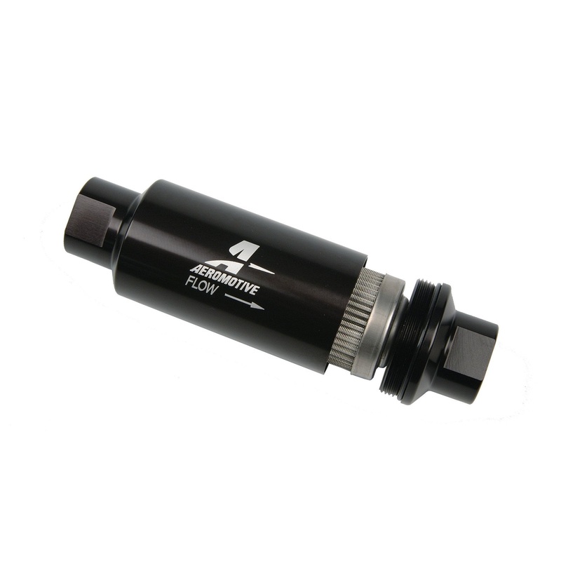Aeromotive Filter, In-Line, 100-m Stainless Mesh Element, ORB-10 Port, Bright-Dip Black, 2" OD