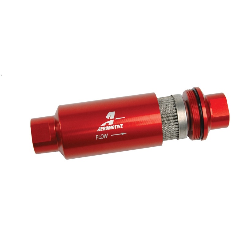 Aeromotive Filter, In-Line, 100-m Stainless Mesh Element, ORB-10 Port, Bright-Dip Red, 2" OD