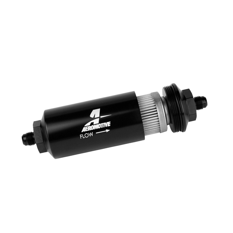 Aeromotive Filter, In-Line, 40-m Stainless Mesh Element, AN-06 Male, Bright-Dip Black, 2" OD