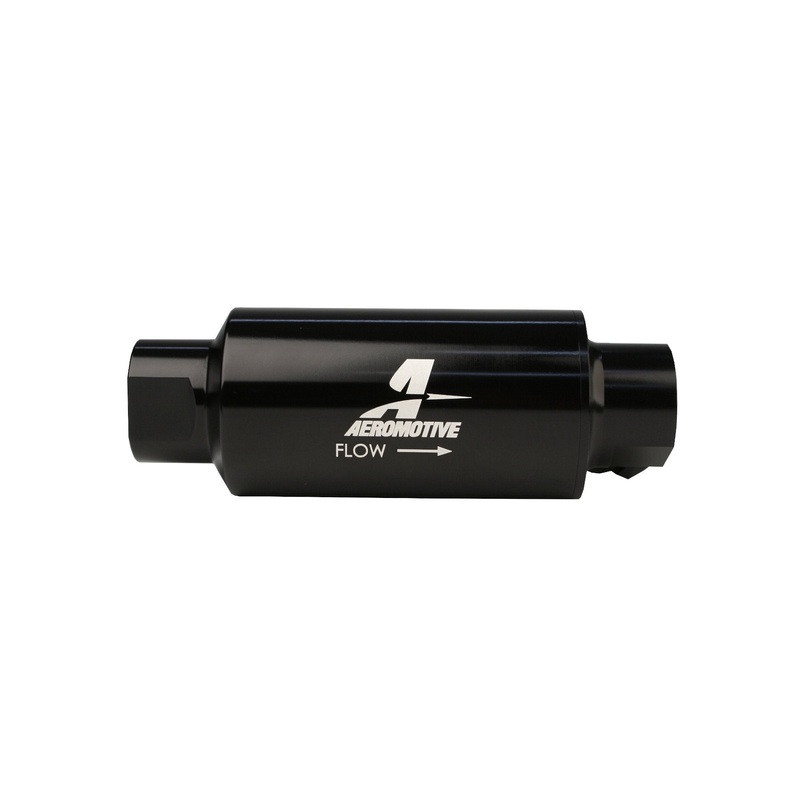 Aeromotive Filter w/ Dual Outlet, 10-m Fabric Element, In-Line, ORB10 Inlet / Outlet plus ORB-06 Outlet, Bright-Dip Black, 2" OD