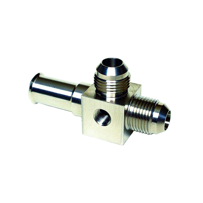 Aeromotive Stainless Steel Coupler to convert Ford OE Fuel line (1986 thru 2006) to Dual -8 AN male ports (1/8" NPT gage port included)